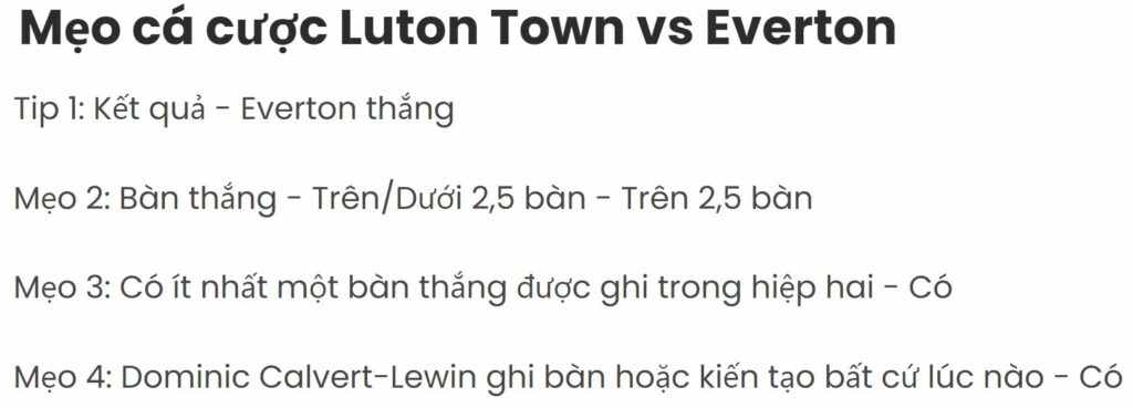 Mẹo cá cược Luton Town vs Everton