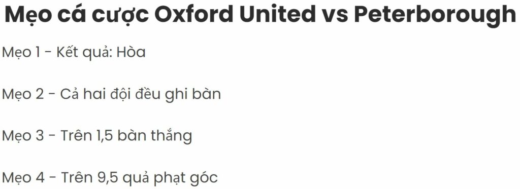 Mẹo cá cược Oxford United vs Peterborough